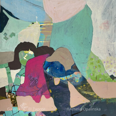 Figurative painting by Amelia Opalinska of a person sewing, featuring non-realistic lime green, turquoise, and magenta tones on canvas.