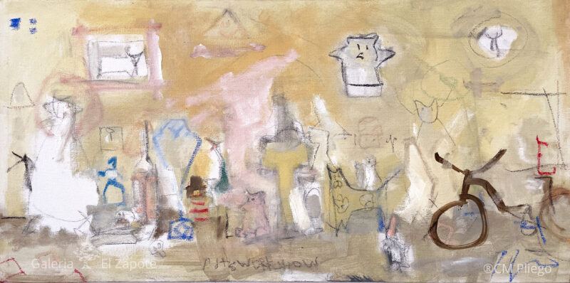 Expressionist dream-like painting by CM Pliego showing different toys in a room. Mixed media on canvas