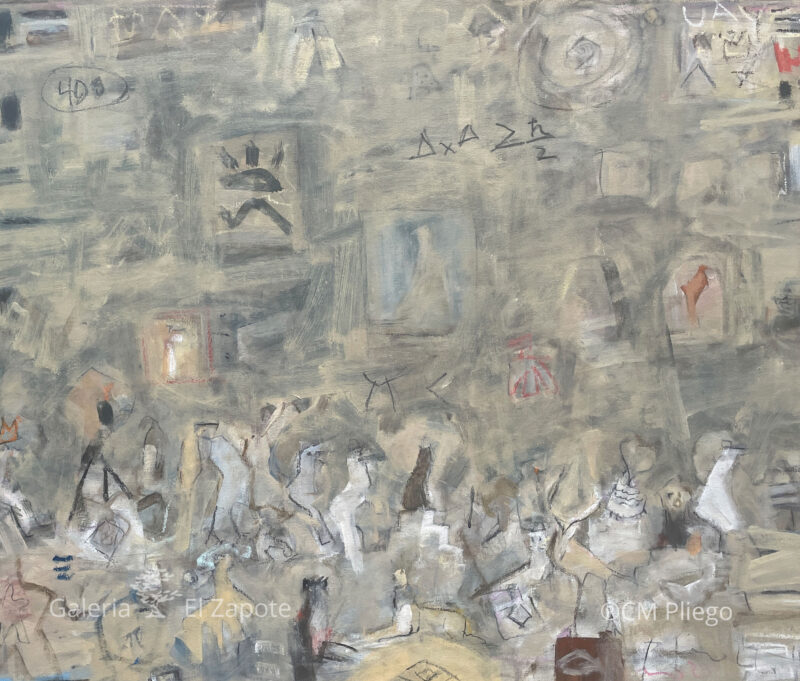"Birds and Ghosts” painting by CM Pliego, with a dark base, yellow overlay, symbols, and lightly defined animal figures in a non-realist style.