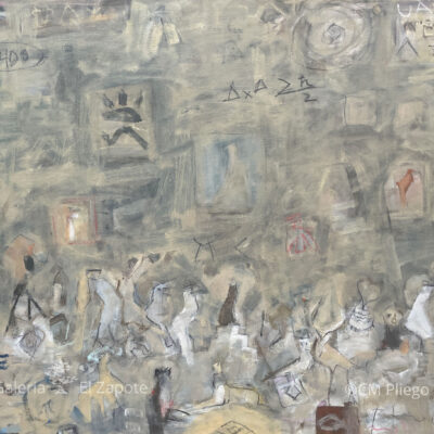 "Birds and Ghosts” painting by CM Pliego, with a dark base, yellow overlay, symbols, and lightly defined animal figures in a non-realist style.