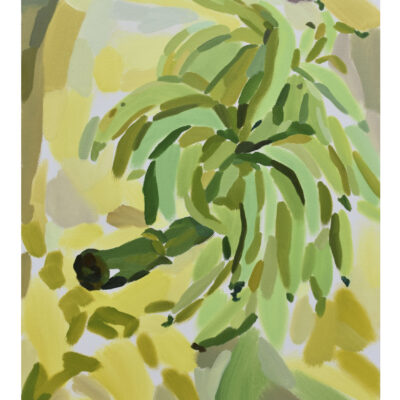 Plein air oil painting of a banana cluster with segmented brushstrokes, bright green fruit in the foreground and soft yellow-ochre background.