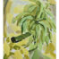 Plein air oil painting of a banana cluster with segmented brushstrokes, bright green fruit in the foreground and soft yellow-ochre background.