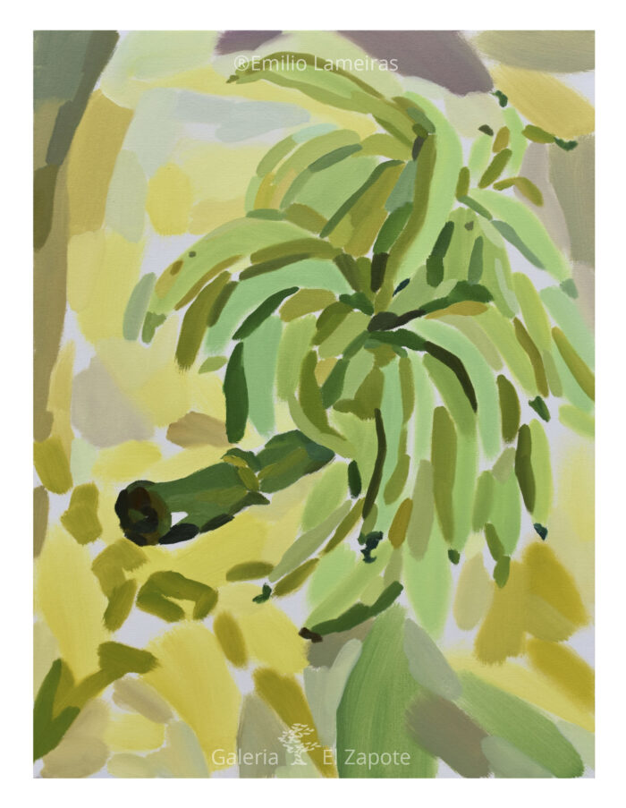 Plein air oil painting of a banana cluster with segmented brushstrokes, bright green fruit in the foreground and soft yellow-ochre background.