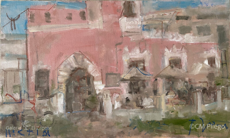 Figurative plein air painting of a scene from Paseo de Montejo in downtown Mérida, featuring the Rosas y Chocolate building
