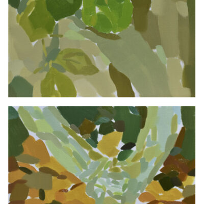 Plein air diptych painting of a Sospo tree with segmented brushstrokes: upper panel in greens, lower panel in yellow and brown tones.
