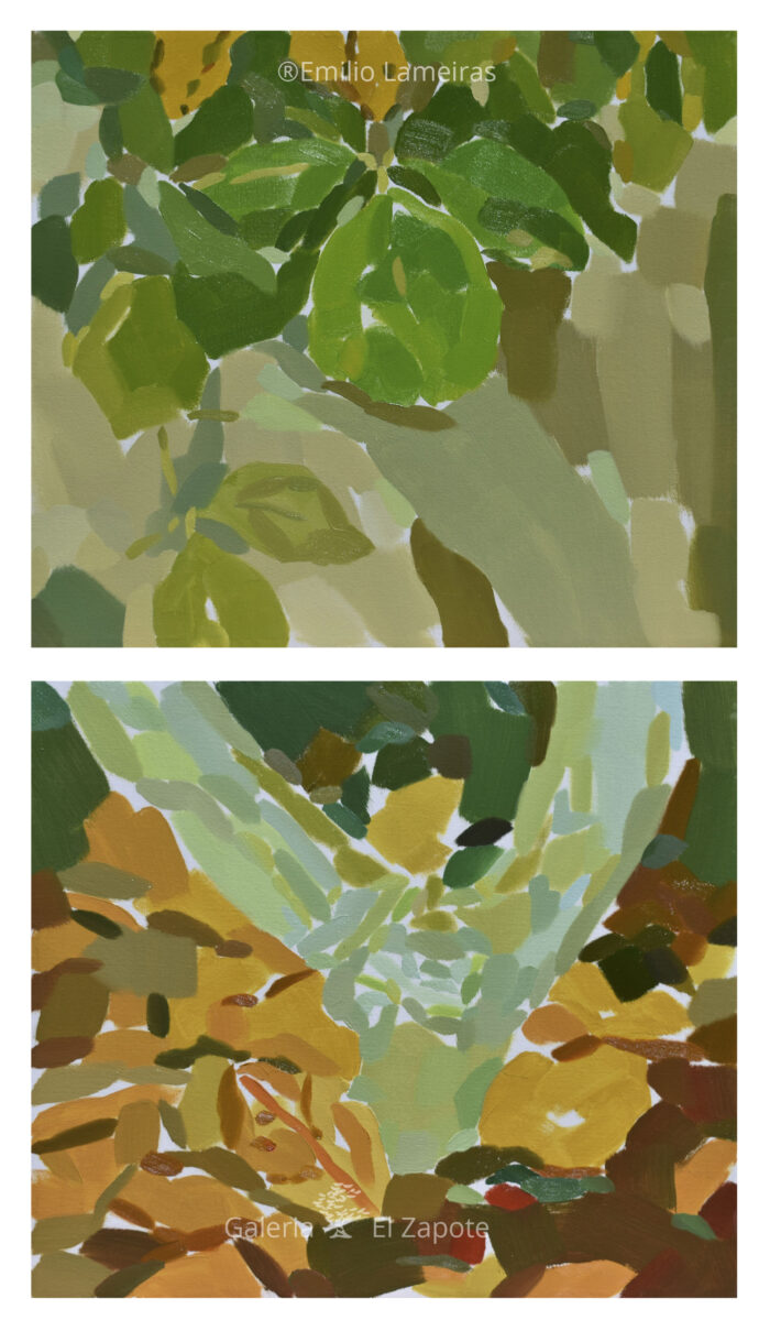 Plein air diptych painting of a Sospo tree with segmented brushstrokes: upper panel in greens, lower panel in yellow and brown tones.