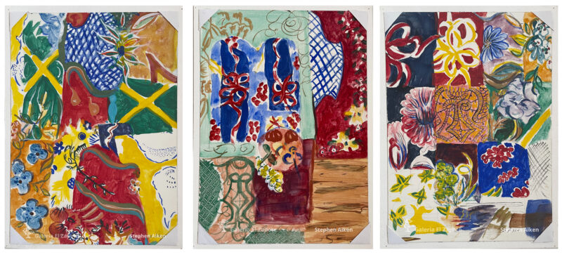 Gouache triptych inspired by Oaxaca with ornamental and floral motifs and predominant colors of yellow, blue, orange, green, and reddish-brown
