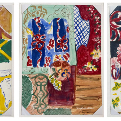Gouache triptych inspired by Oaxaca with ornamental and floral motifs and predominant colors of yellow, blue, orange, green, and reddish-brown