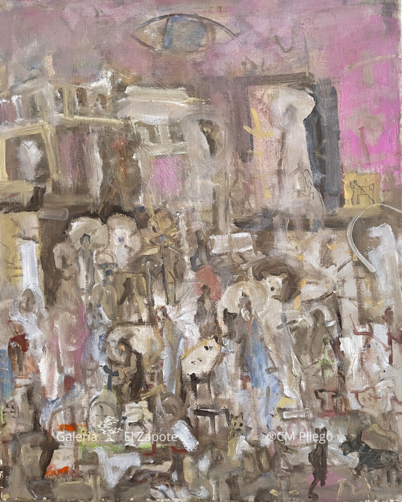 Painting showing a group of dogs, cats, and people in a surreal pink setting with a central blue eye and soft outlines in white, pink, and blue