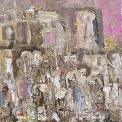 Painting showing a group of dogs, cats, and people in a surreal pink setting with a central blue eye and soft outlines in white, pink, and blue