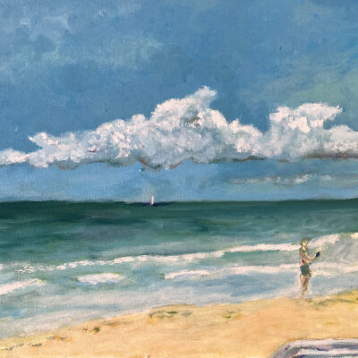 Horizontal oil painting of a beach with turquoise waves and a person using a cellphone with their back to the sea.