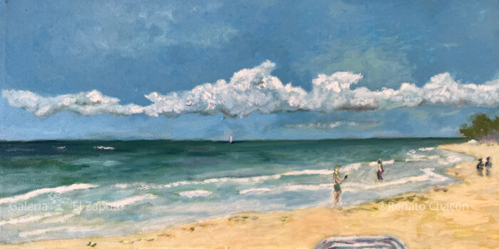 Horizontal oil painting of a beach with turquoise waves and a person using a cellphone with their back to the sea.