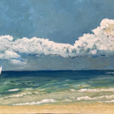 Oil painting of Xpu ha beach with turquoise sea, beige sand, bathers, and a distant sailboat under a blue and gray sky.