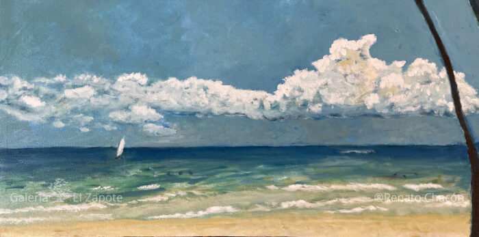 Oil painting of Xpu ha beach with turquoise sea, beige sand, bathers, and a distant sailboat under a blue and gray sky.